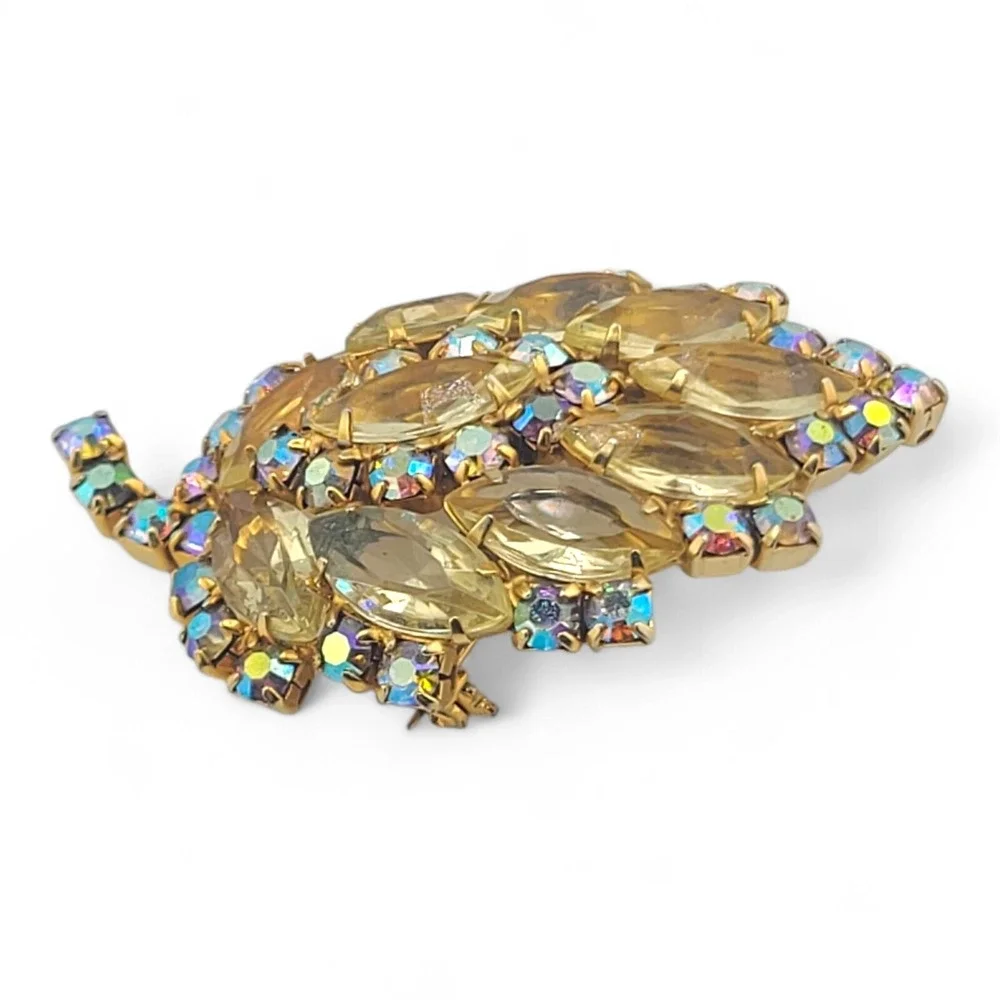 Vintage Juliana D&E Aurora Borealis Rhinestone Yellow Leaf Brooch Gold Tone